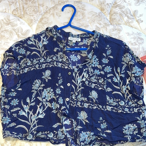 Patrons of peace navy blue flower shirt. - Picture 2 of 6